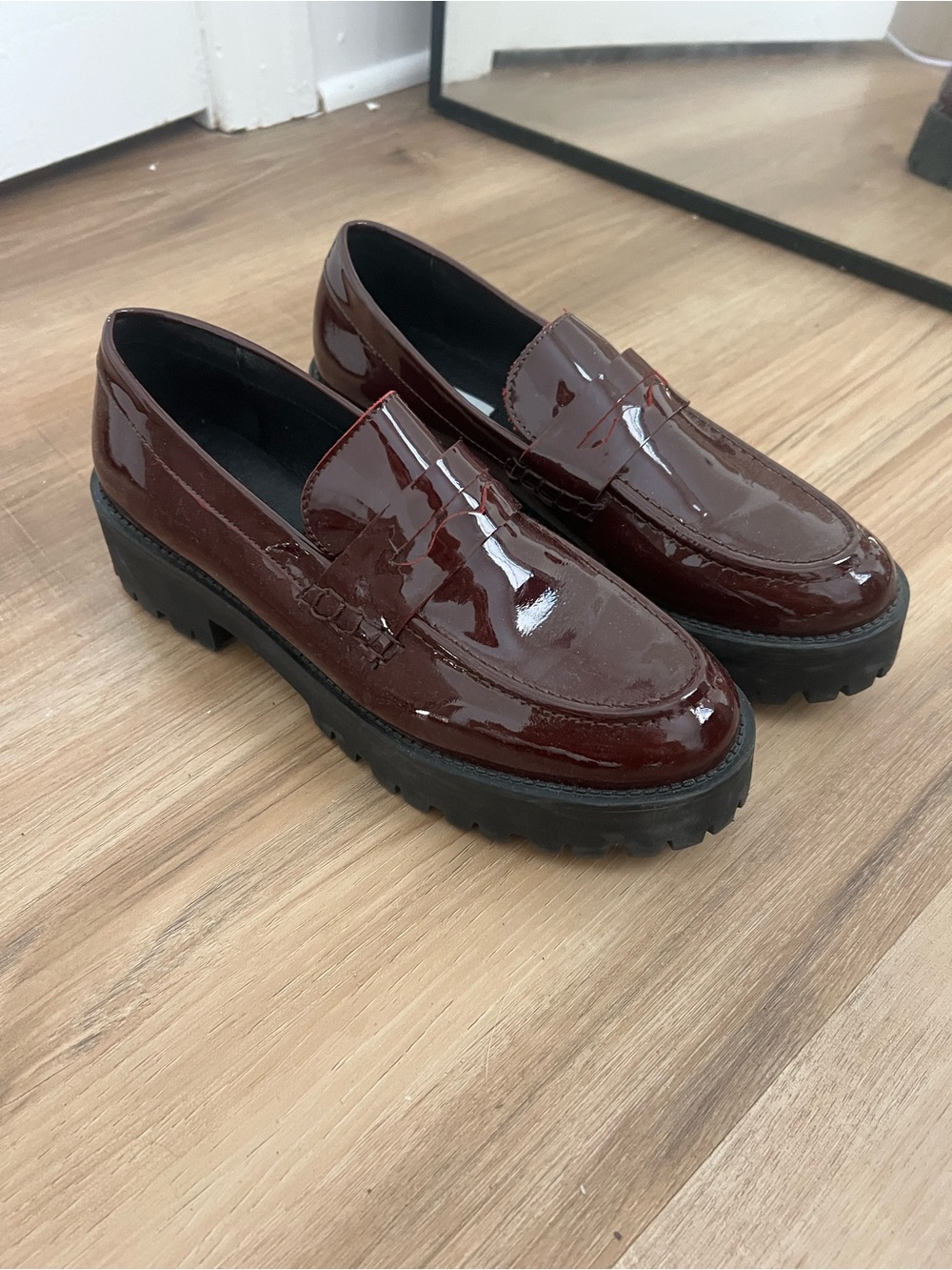 Patent Leather Penny Loafers in Dark Burgundy - Women’s Chunky Sole Loafers